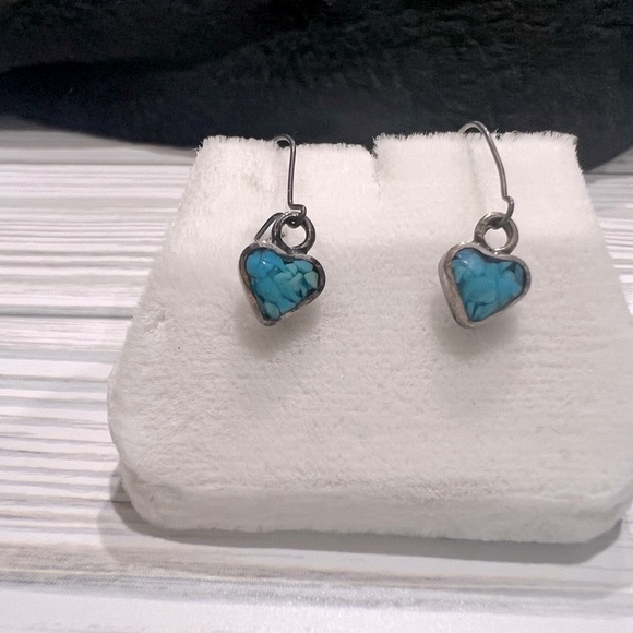 Vintage Native Turquoise Heart Shape Dangle Earrings - Picture 2 of 7